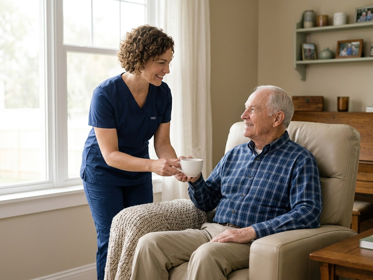 Caregiver handing a cup of tea to a smiling senior man seated in an armchair by a sunny window