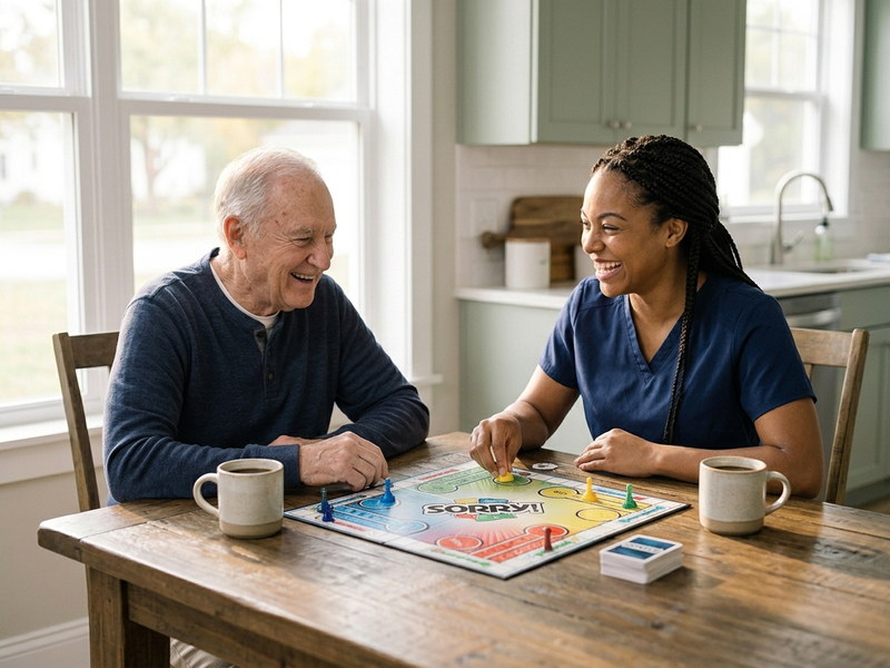 Caregiver and senior man laughing together over a board game at a kitchen table