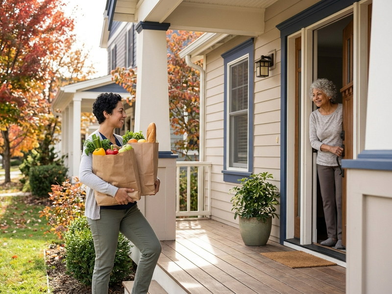 Caregiver carrying a bag of fresh groceries up the front porch as a senior woman opens the door