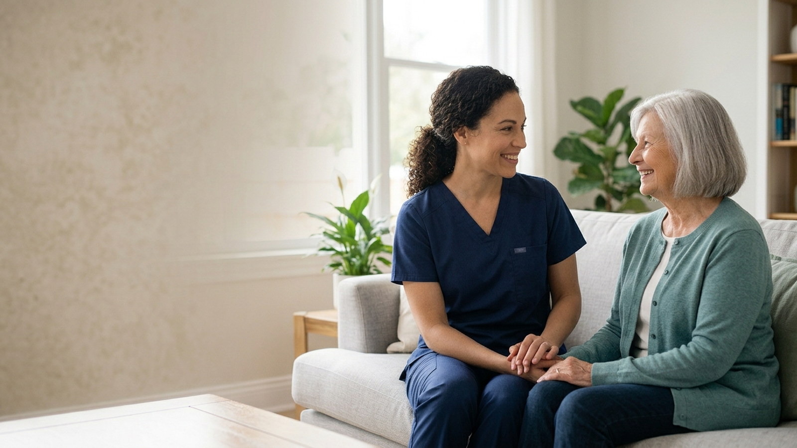 Home care caregiver in navy scrubs holding hands with a smiling senior woman on a sofa at home in Redford, Michigan