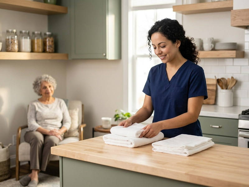 Home care aide folding fresh laundry on a kitchen counter while a senior woman relaxes nearby