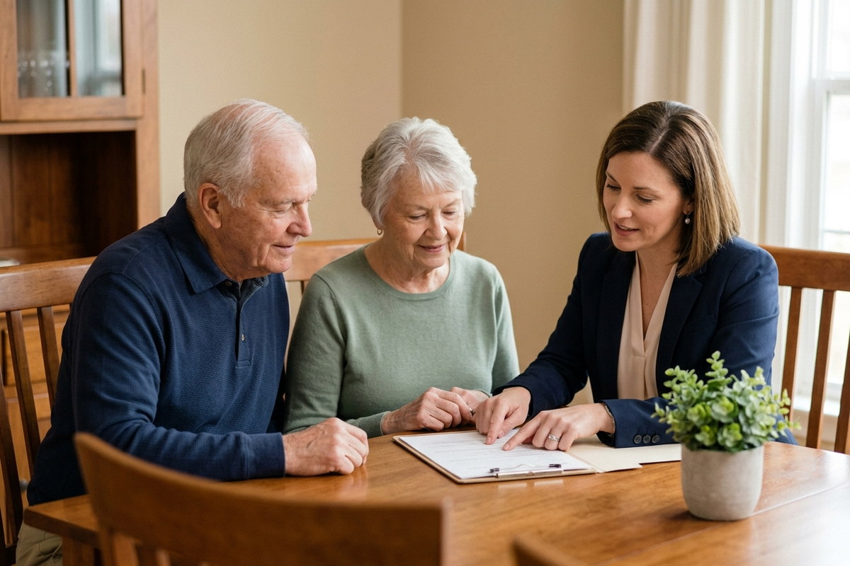 Care coordinator reviewing Michigan Home Help Program paperwork at a dining table with a senior couple