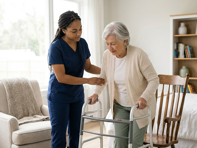 Caregiver gently supporting a senior woman using a walking frame in a bright bedroom